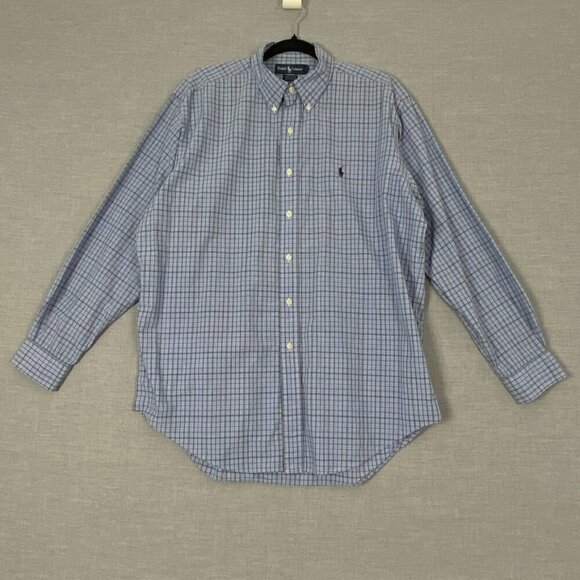 Ralph Lauren Yarmouth Shirt Cotton Button Sz 16.5 Down Blue Green Check - Picture 1 of 8